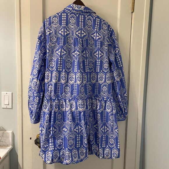 Maeve by Anthropologie XL Blue and White Geometric Long Sleeve Dress Bubble Hem - Picture 3 of 6